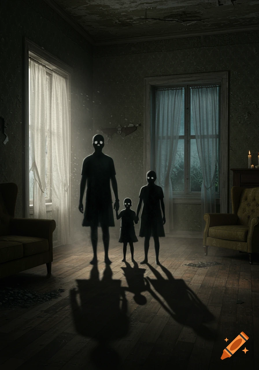 A creepy shadow family with glowing eyes stands in a decaying, sunlit room.