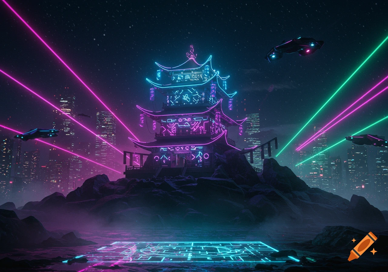 A neon-lit cyberpunk temple on a rocky outcrop, with futuristic flying vehicles, pink and green laser beams, and a glowing city skyline at night.