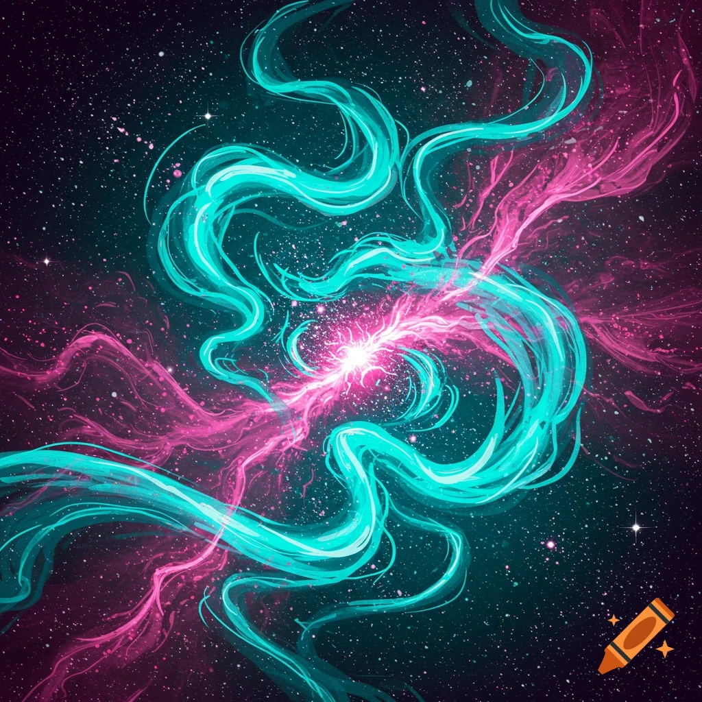 Glowing teal and pink energy streams swirl around a bright core against a dark, star-filled cosmic background in a vibrant digital art style.