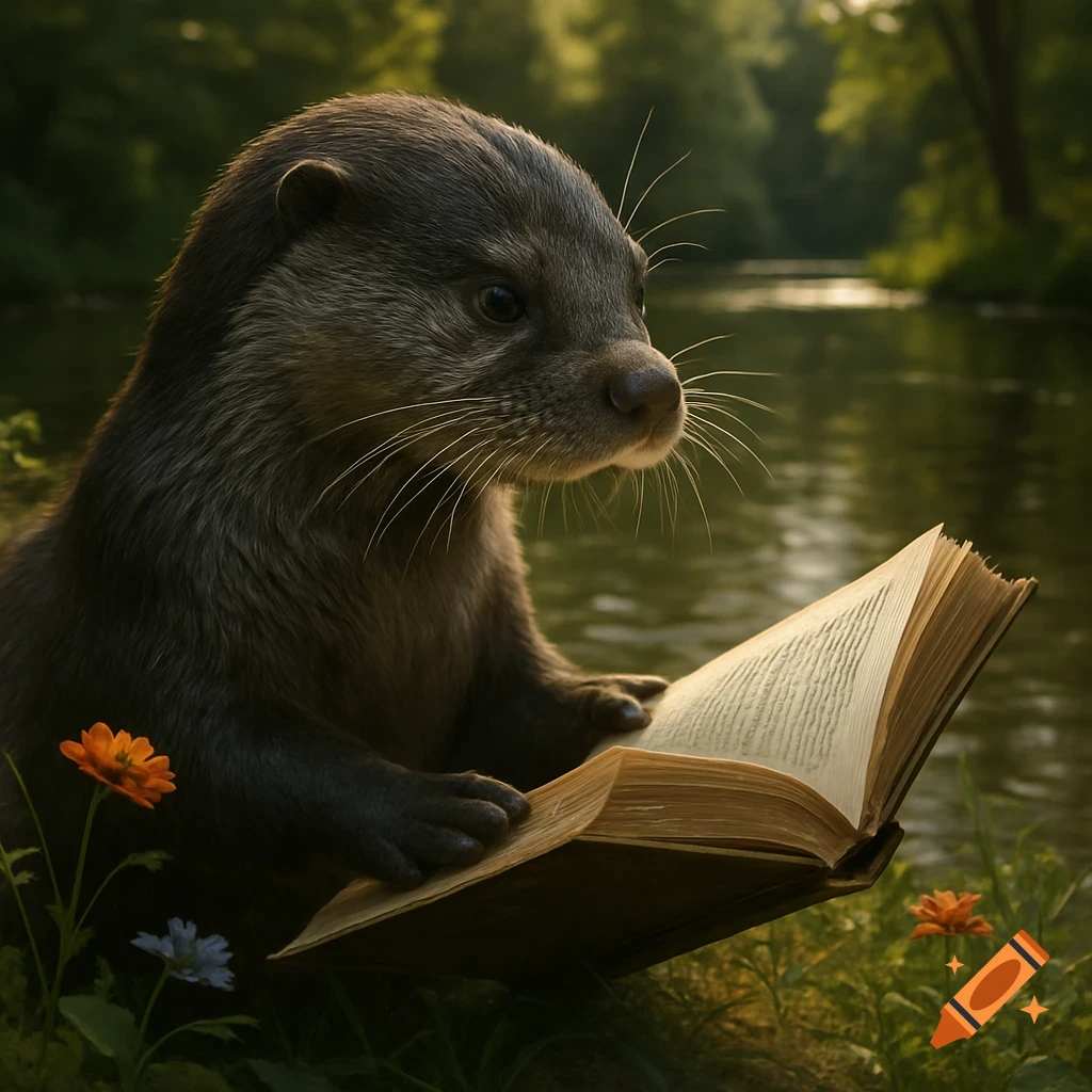 A hyperrealistic otter sits by a river, intently reading a large book, surrounded by green foliage and small flowers.