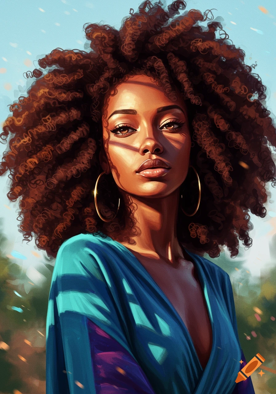 Digital art portrait of a dark-skinned woman with voluminous curly hair and golden hoop earrings, illuminated by sunlight.