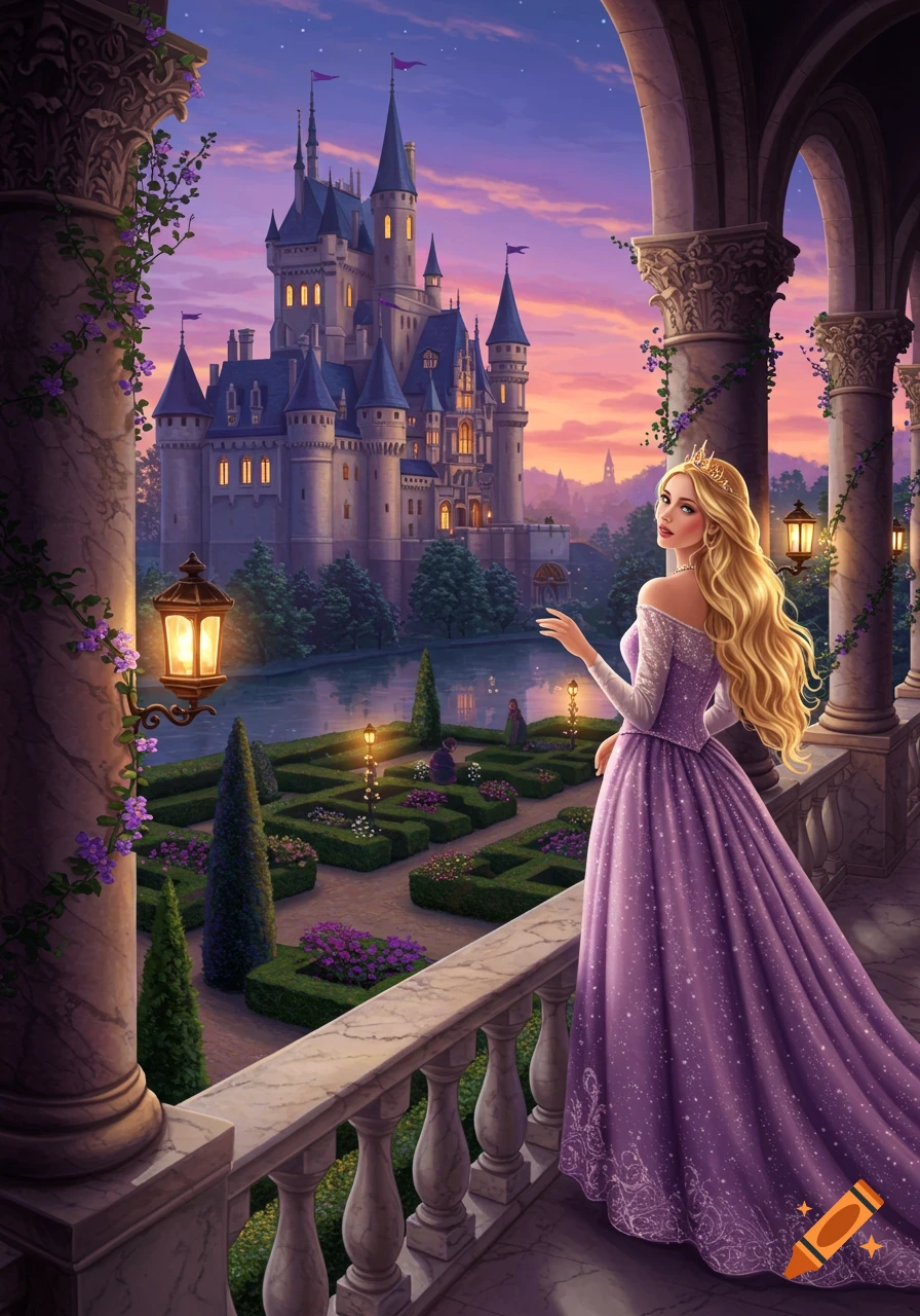 A beautiful princess in a purple gown stands on a balcony, overlooking a grand castle and formal garden at twilight.