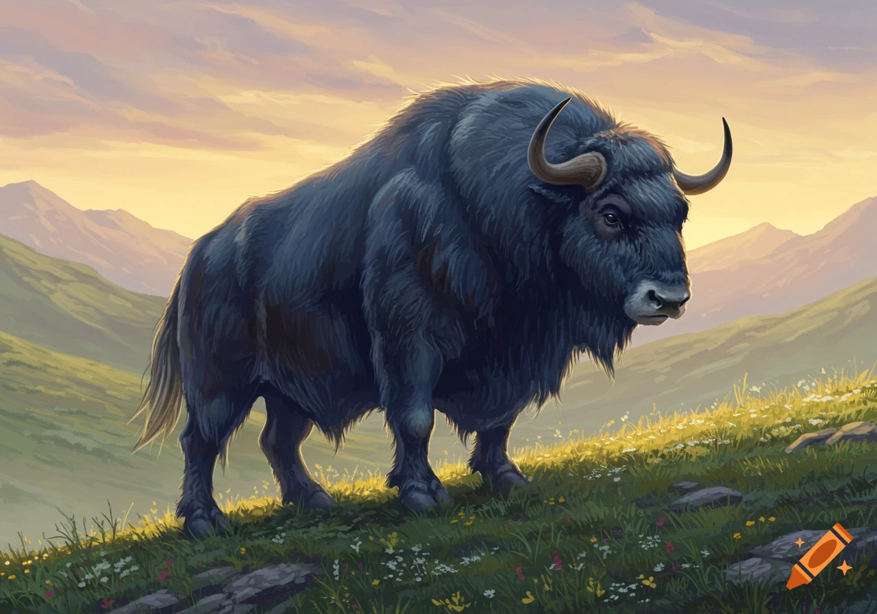 A large, dark blue ox with horns stands on a grassy mountain slope under a sunset sky, in a painterly style.