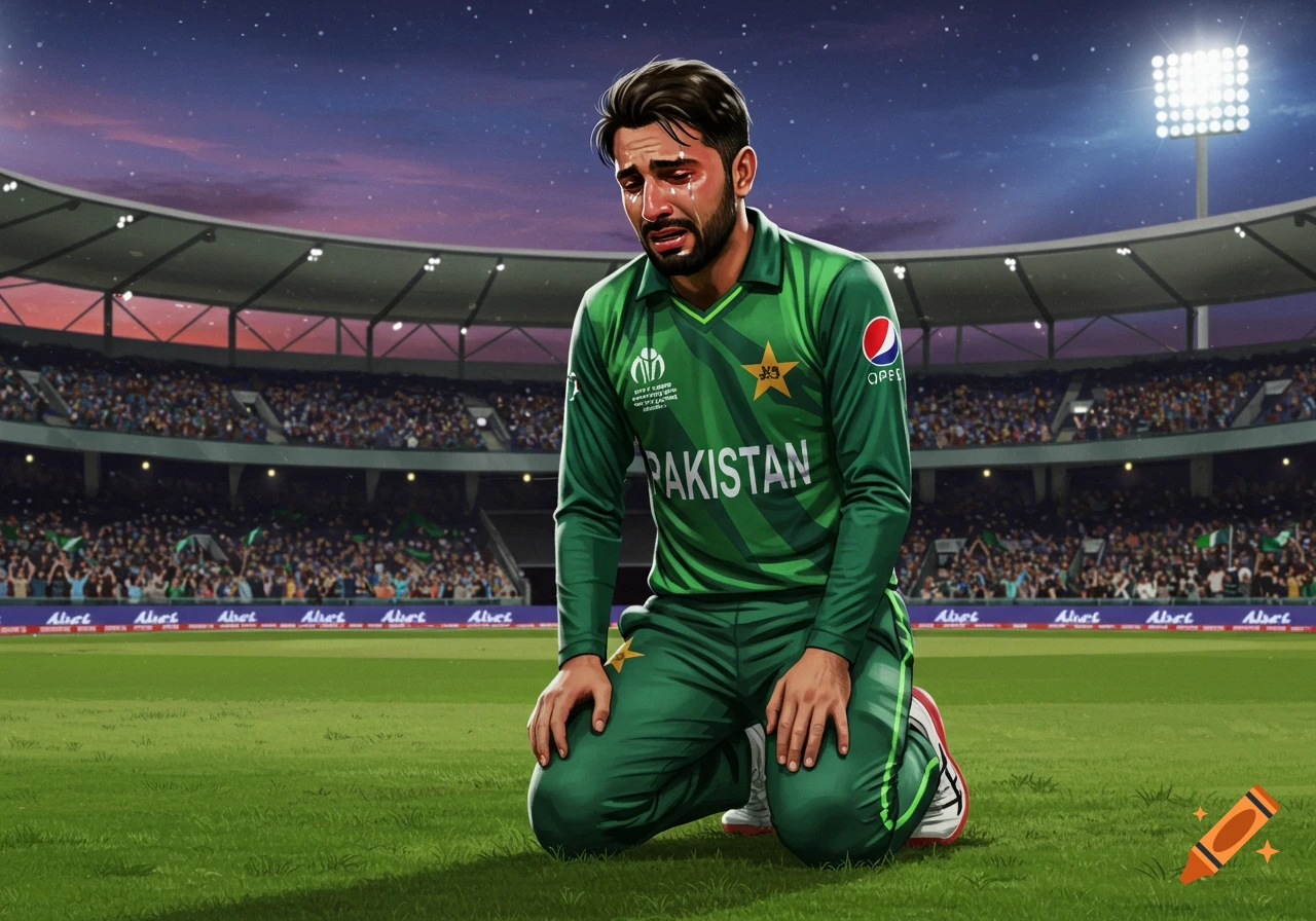 An illustrated Pakistani cricket player, wearing a green uniform, kneels on a grassy field in a stadium, crying with tears streaming down his face. The stadium lights illuminate the evening sky.