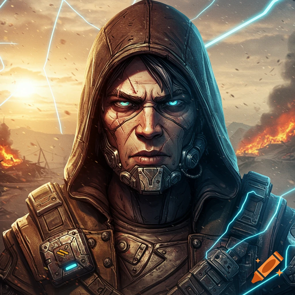 A stylized, grizzled figure in a hooded cloak with glowing blue eyes and cybernetic elements, set against a fiery, stormy post-apocalyptic landscape.