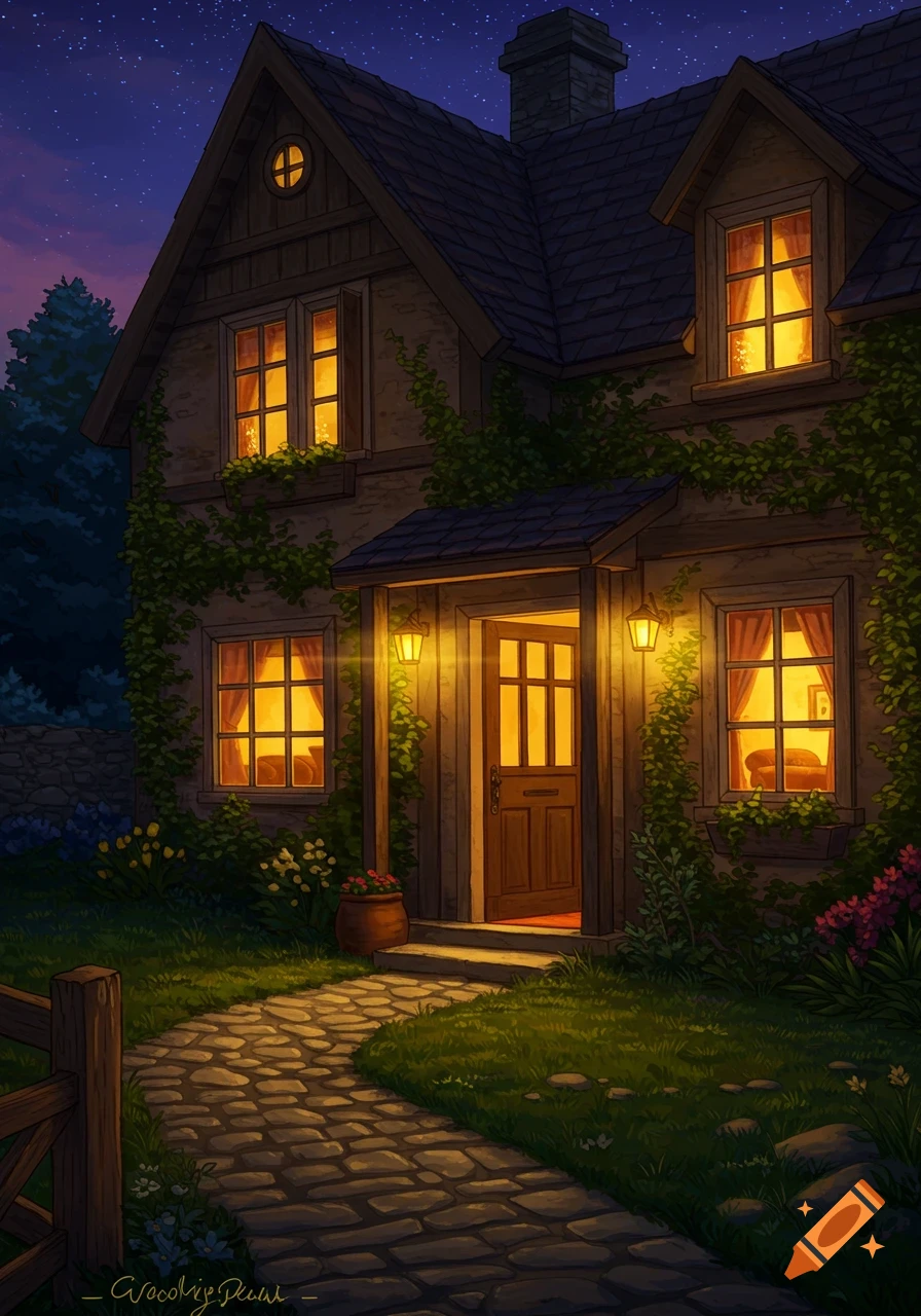 Illustrated cozy stone cottage at night, warm light from windows and door, cobblestone path, ivy, starry sky.