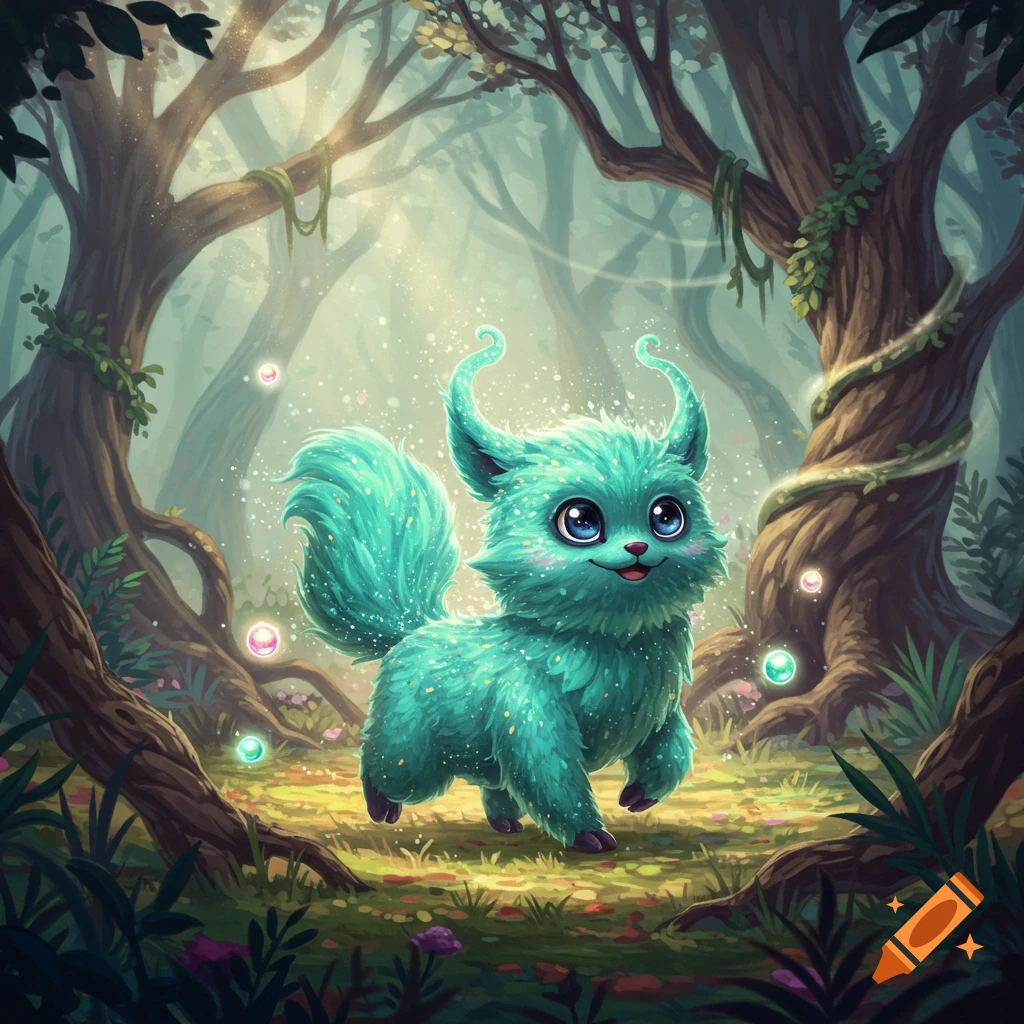 A small, teal, fluffy creature with large blue eyes and small horns walks through a magical forest with glowing orbs.