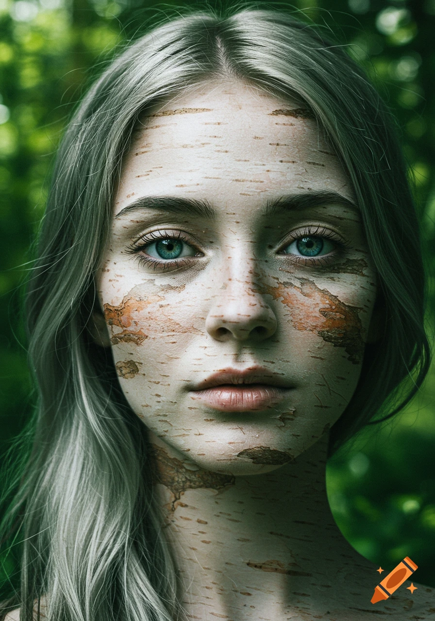 Photorealistic portrait of a woman with textured birch bark skin, striking blue eyes, and long gray hair, against a blurry green background.