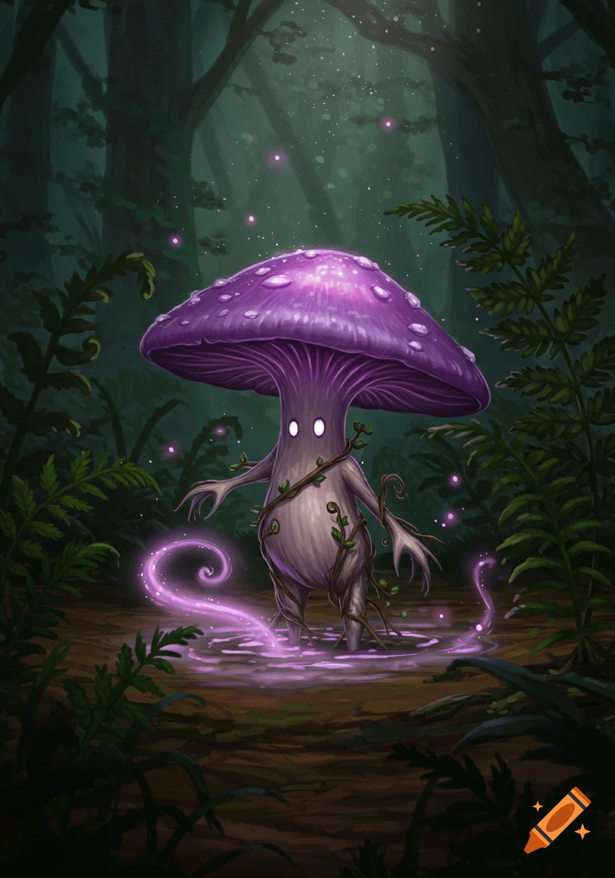 Whimsical purple mushroom creature with glowing eyes and tendrils in a dark, magical forest.