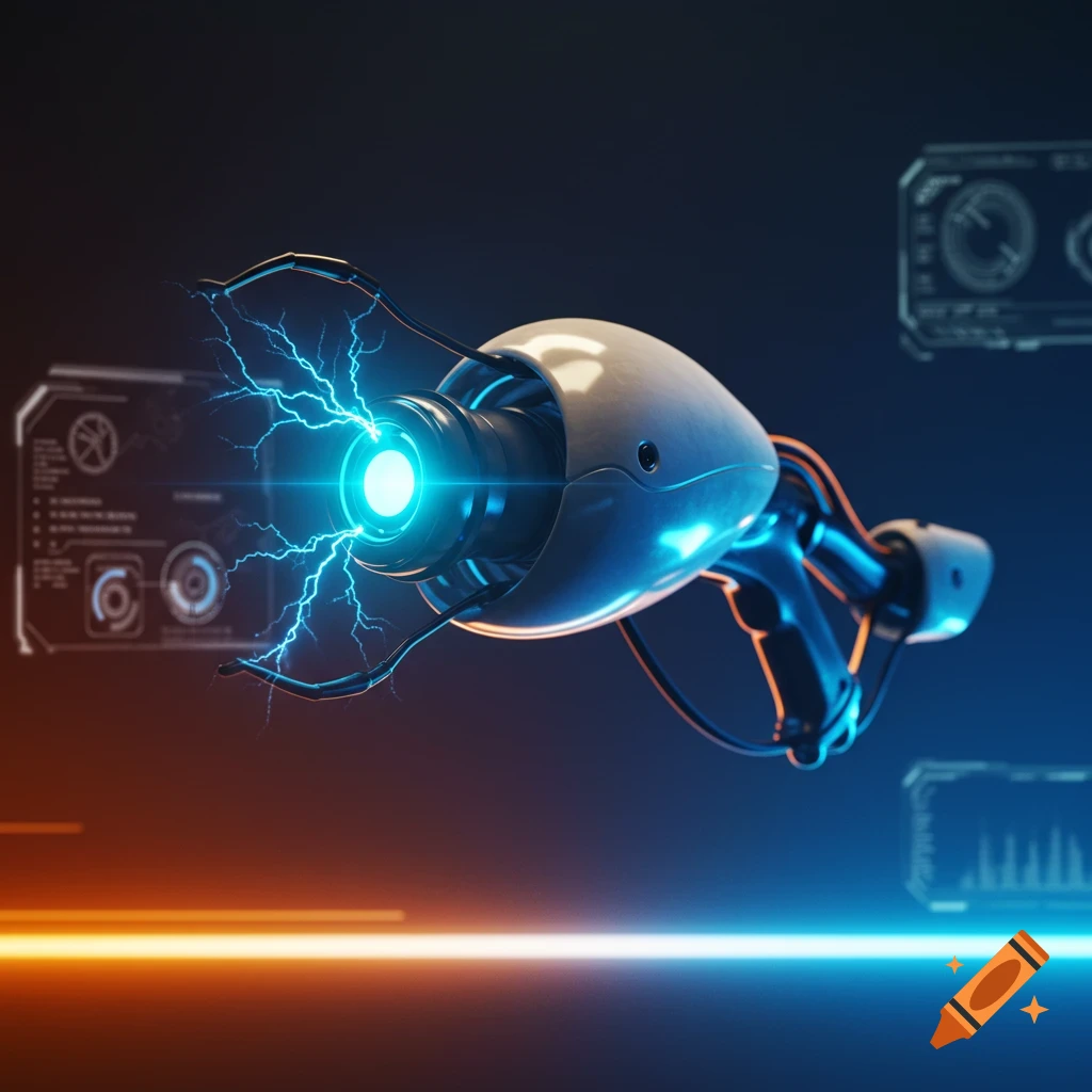 A futuristic white and blue portal gun with glowing energy and electricity, against a dark background with holographic interfaces.