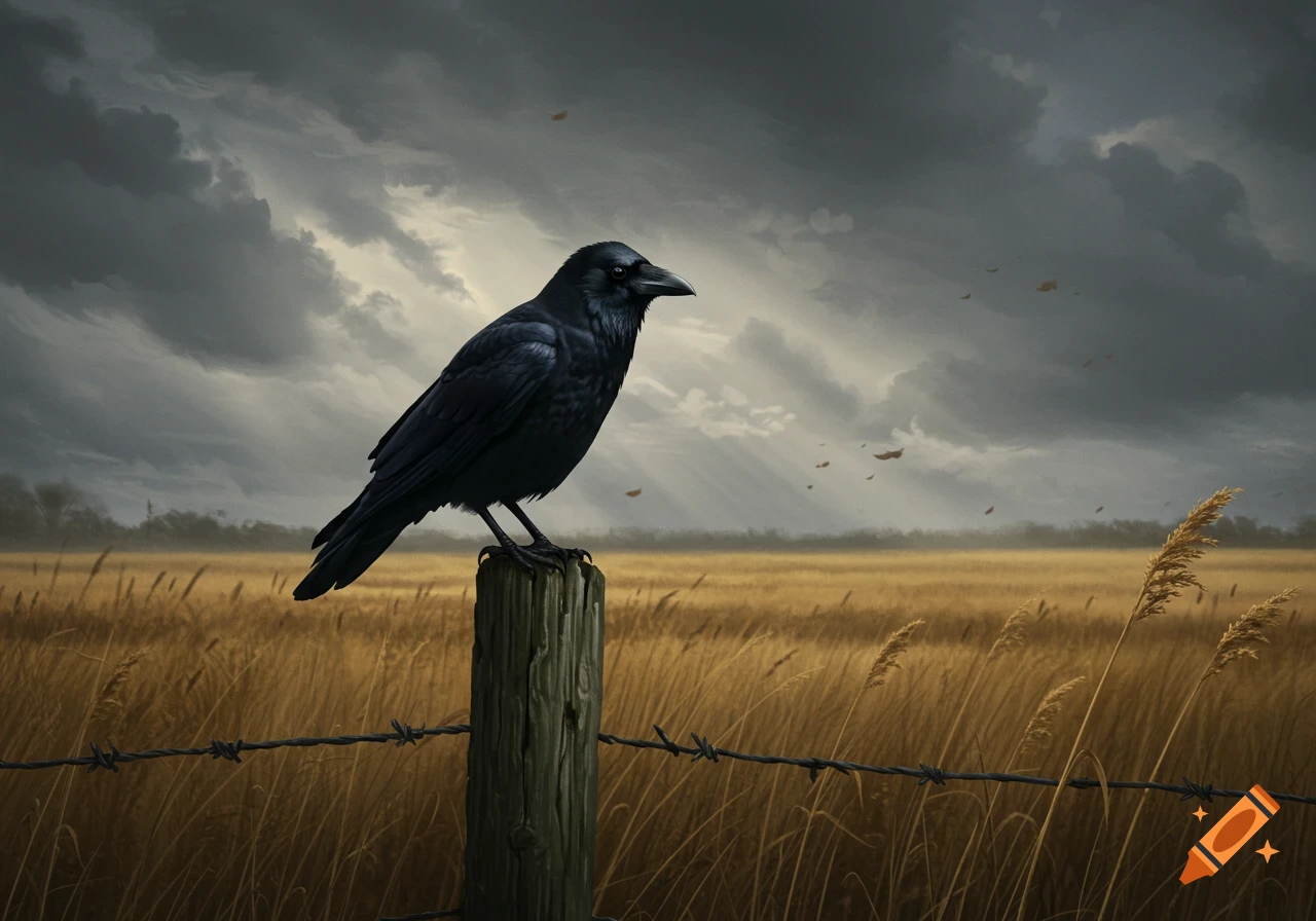 A black crow perches on a wooden fence post in a golden field under a dramatic, cloudy sky with sun rays.