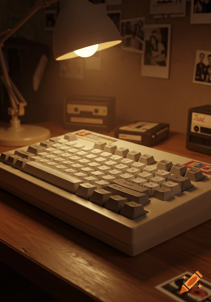 A close-up, warm-toned shot of a retro mechanical keyboard on a wooden desk, illuminated by a desk lamp. Cassette tapes and photos are in the blurred background.