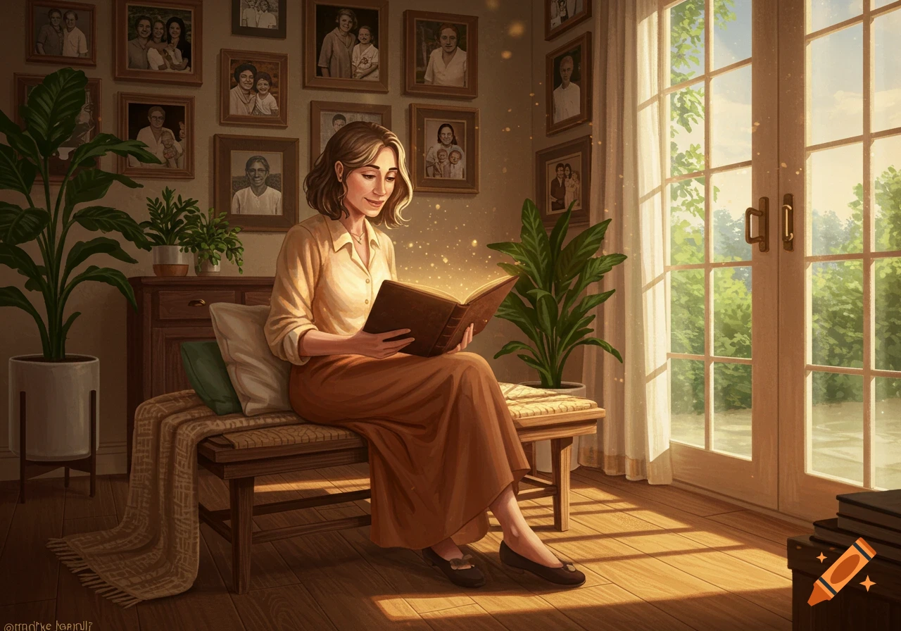 A woman in a sunlit room reads a book, surrounded by potted plants and framed family photos on the wall. Digital art.