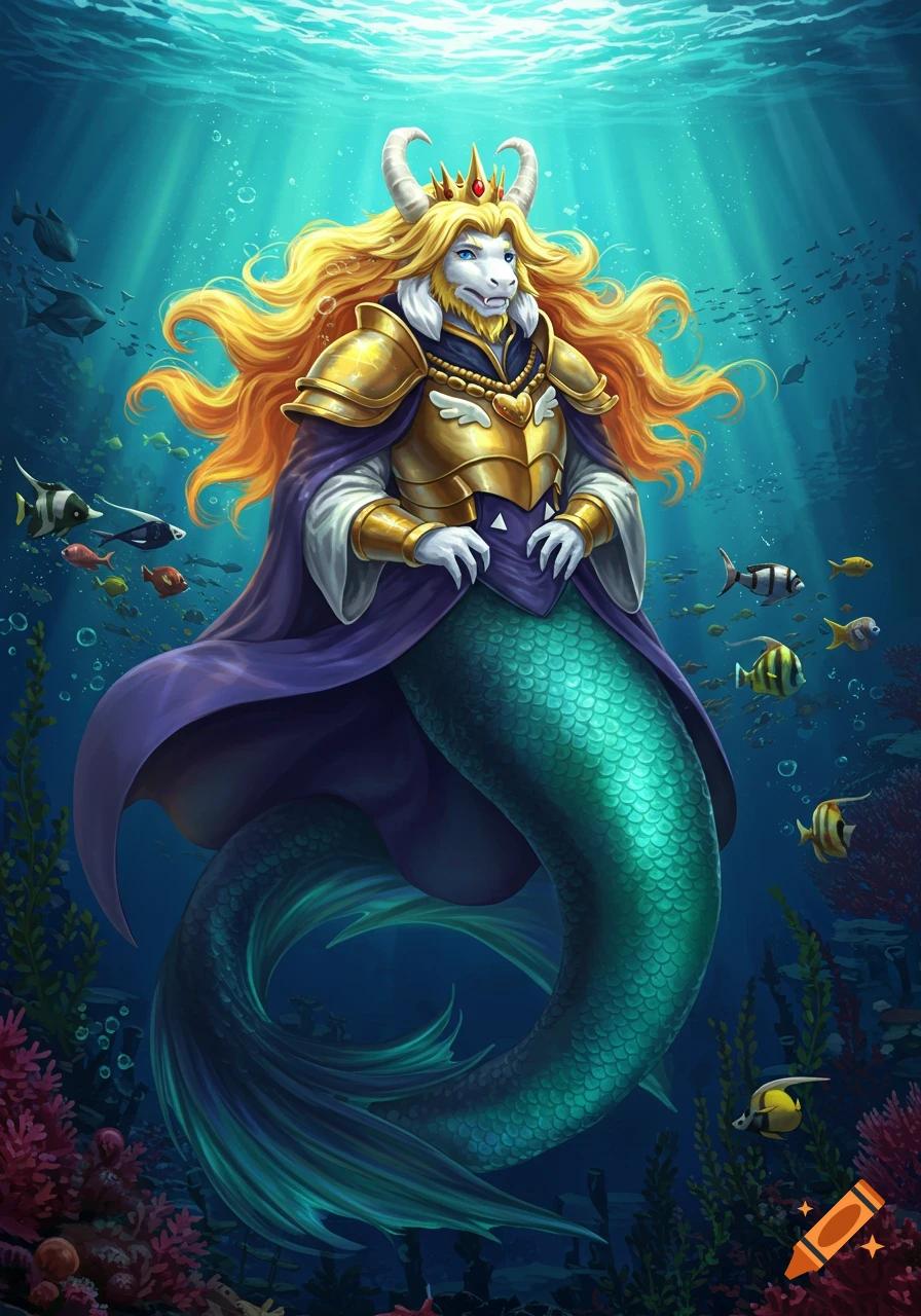 Asgore, the merman king, stands majestically underwater, wearing golden armor and a crown, surrounded by coral and fish.