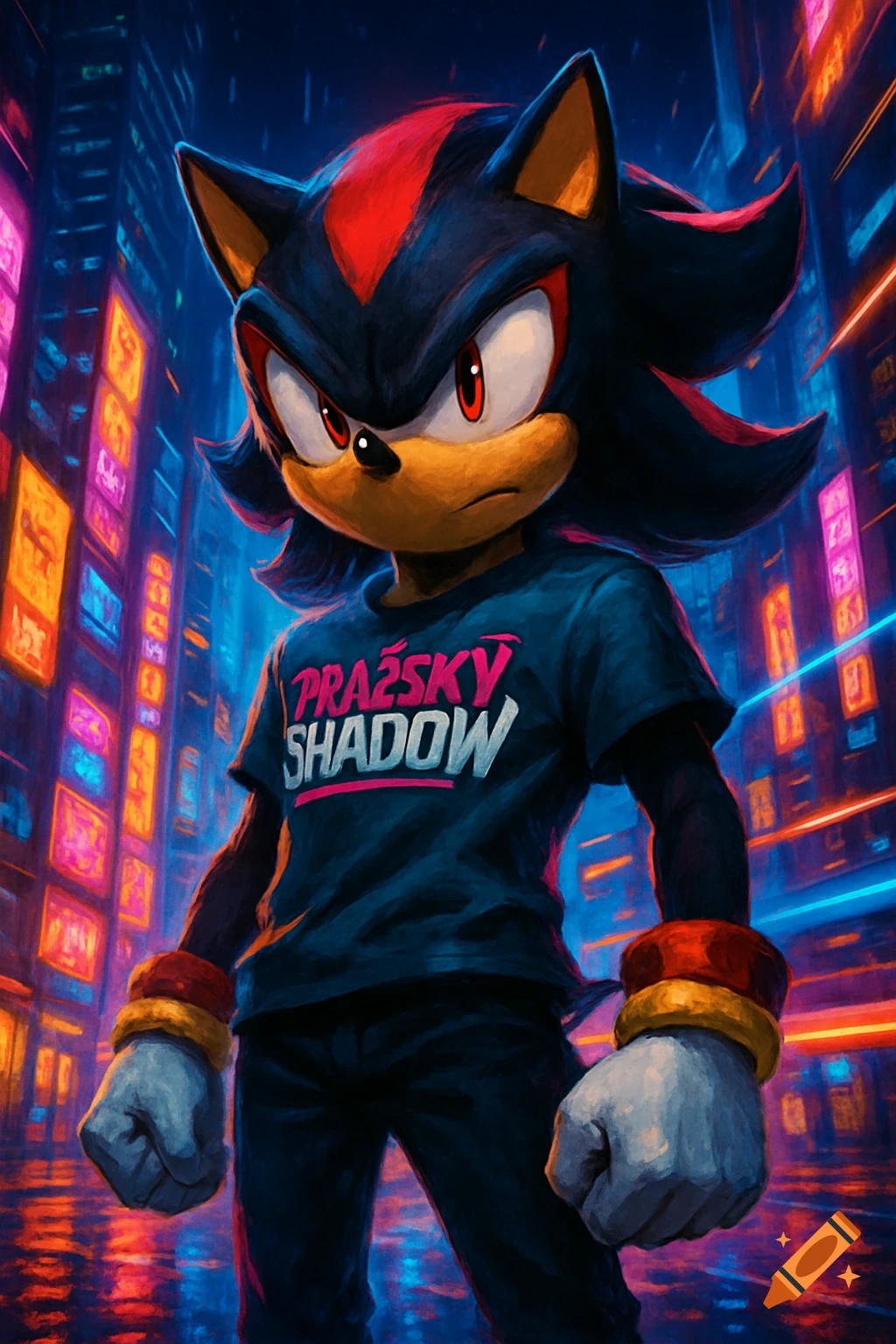 Shadow the Hedgehog wearing a black t-shirt with 'PRAŽSKÝ SHADOW' in a vibrant, neon-lit cyberpunk city.