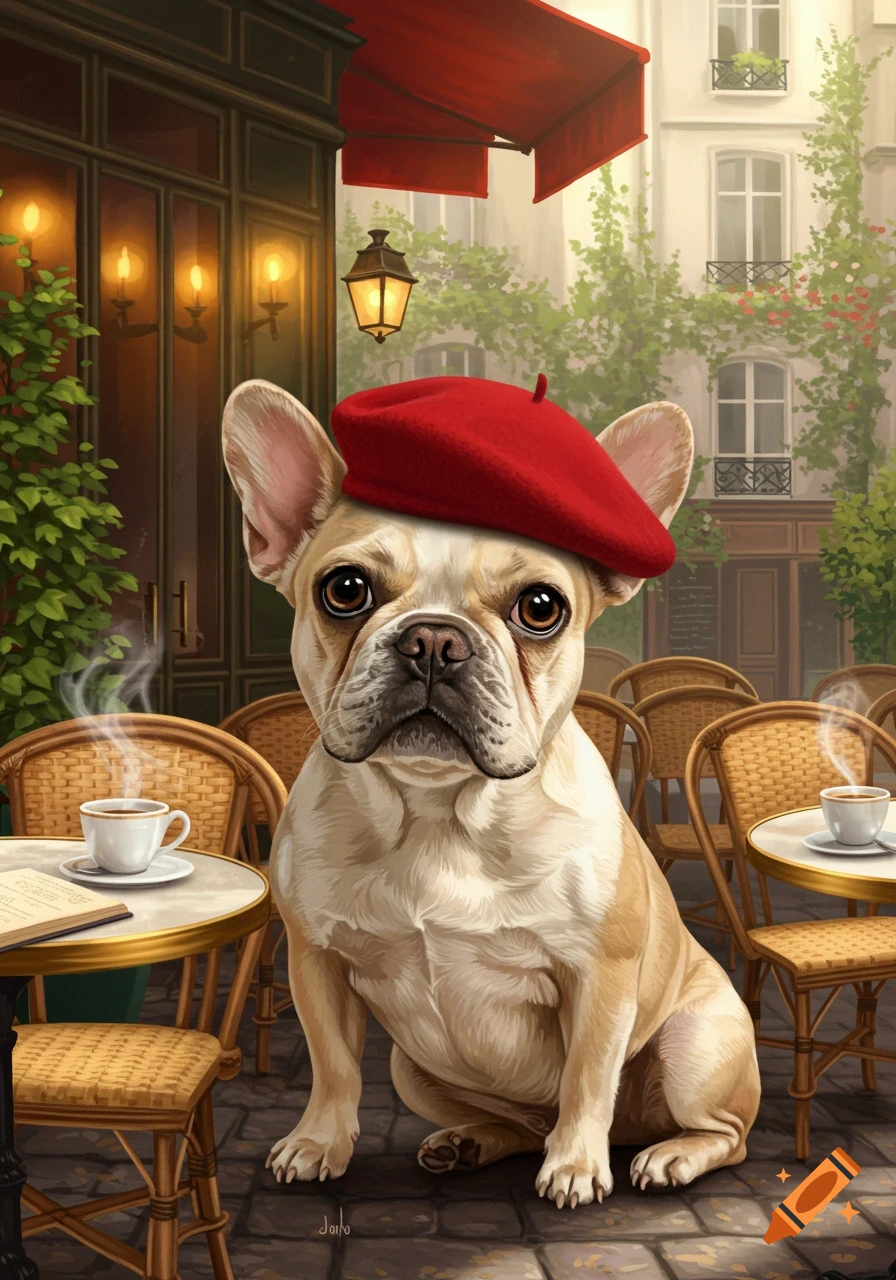 A cute French bulldog in a red beret sits at an outdoor cafe table with a steaming coffee cup, in a charming Parisian street scene, illustration style.