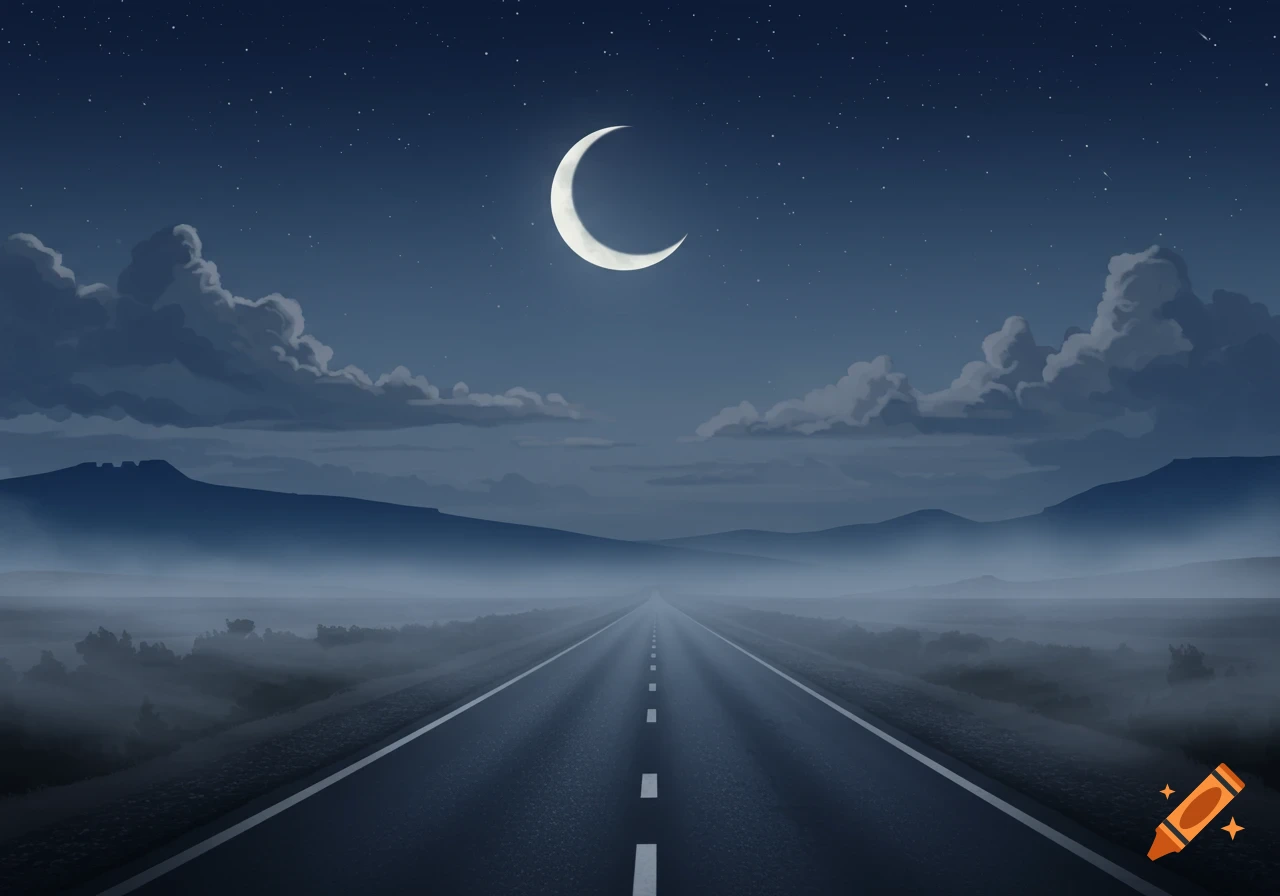 Stylized night landscape with a straight road leading to misty mountains under a starry sky and crescent moon.