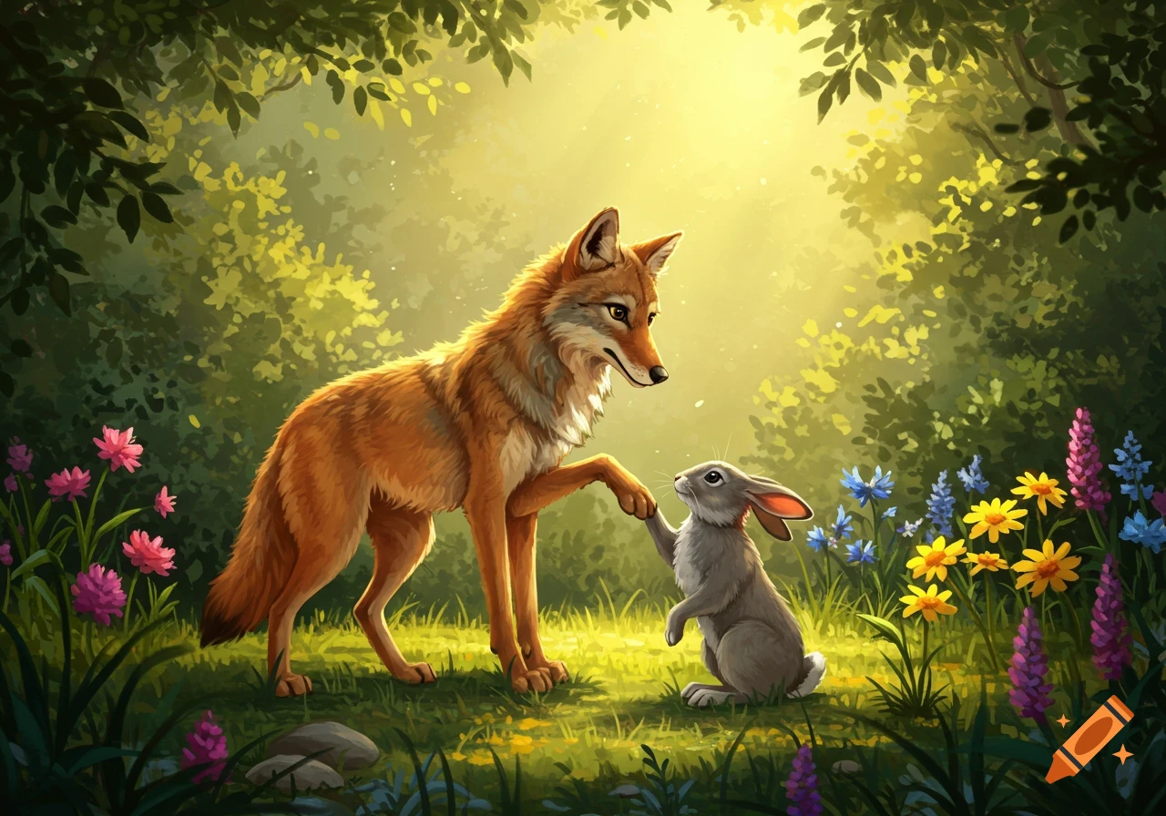 A friendly coyote and a small rabbit shake hands in a vibrant, sunlit forest clearing with colorful flowers, storybook illustration.