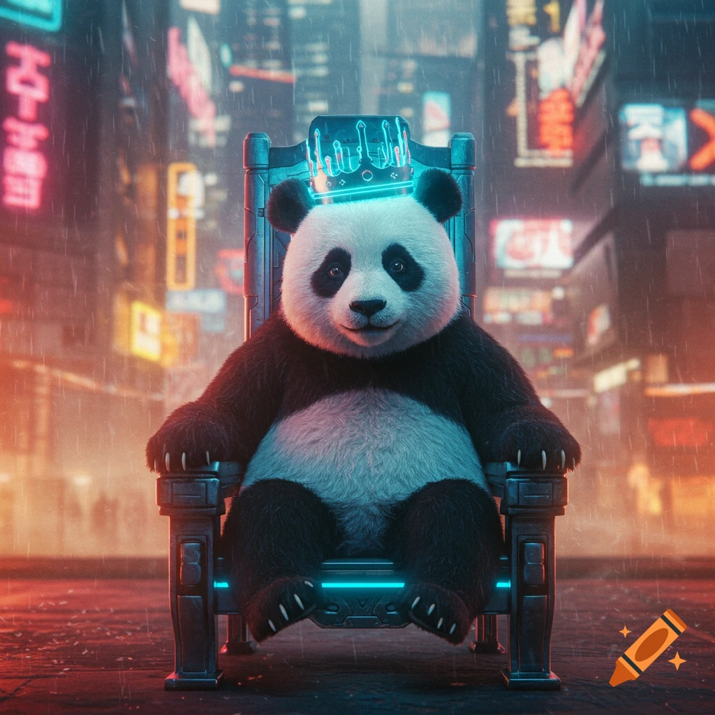 A cute panda sits on a futuristic throne with a glowing blue crown in a neon-lit cyberpunk city street, with rain falling.