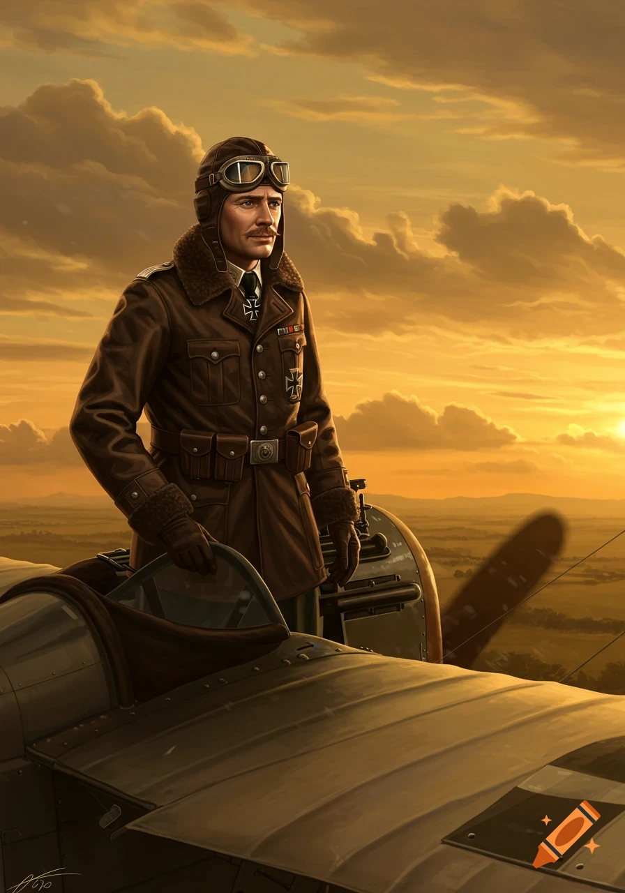 A detailed illustration of a WWI German pilot in a brown leather jacket and goggles, standing in a biplane against a golden sunset.