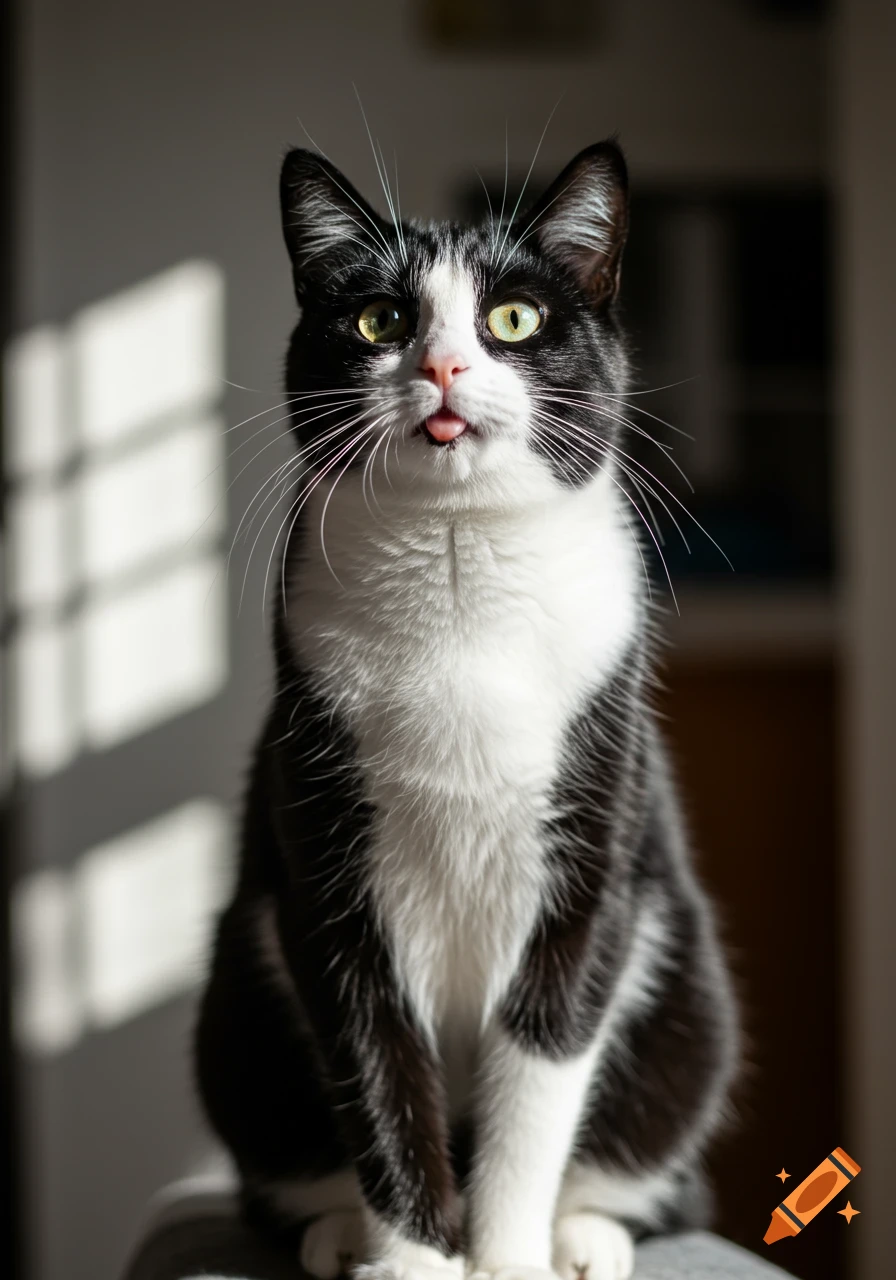 A black and white tuxedo cat with bright green eyes and its tongue slightly out, sitting in dappled sunlight indoors.