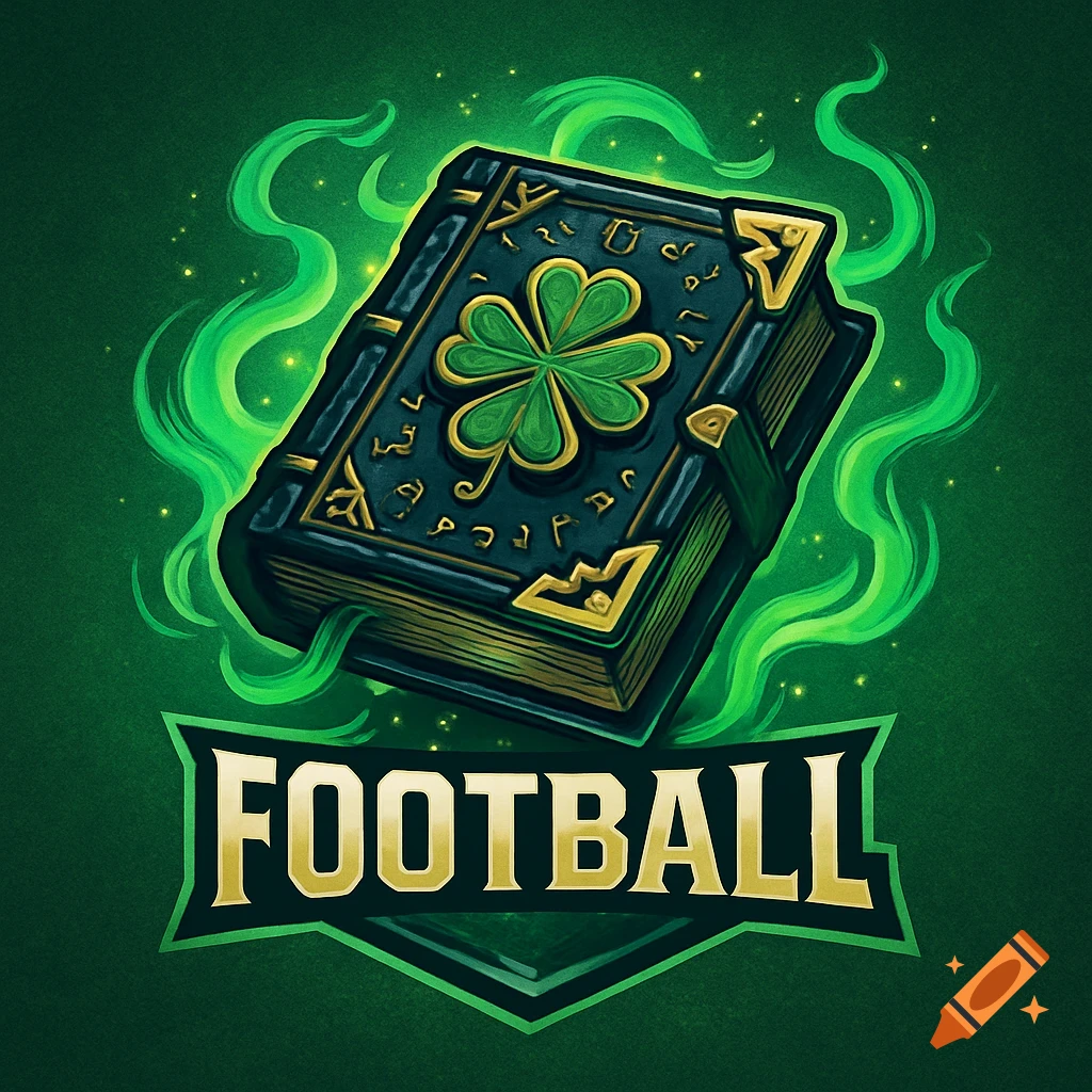 A stylized dark grimoire with a green four-leaf clover, glowing green mist, and 'FOOTBALL' in gold letters below.