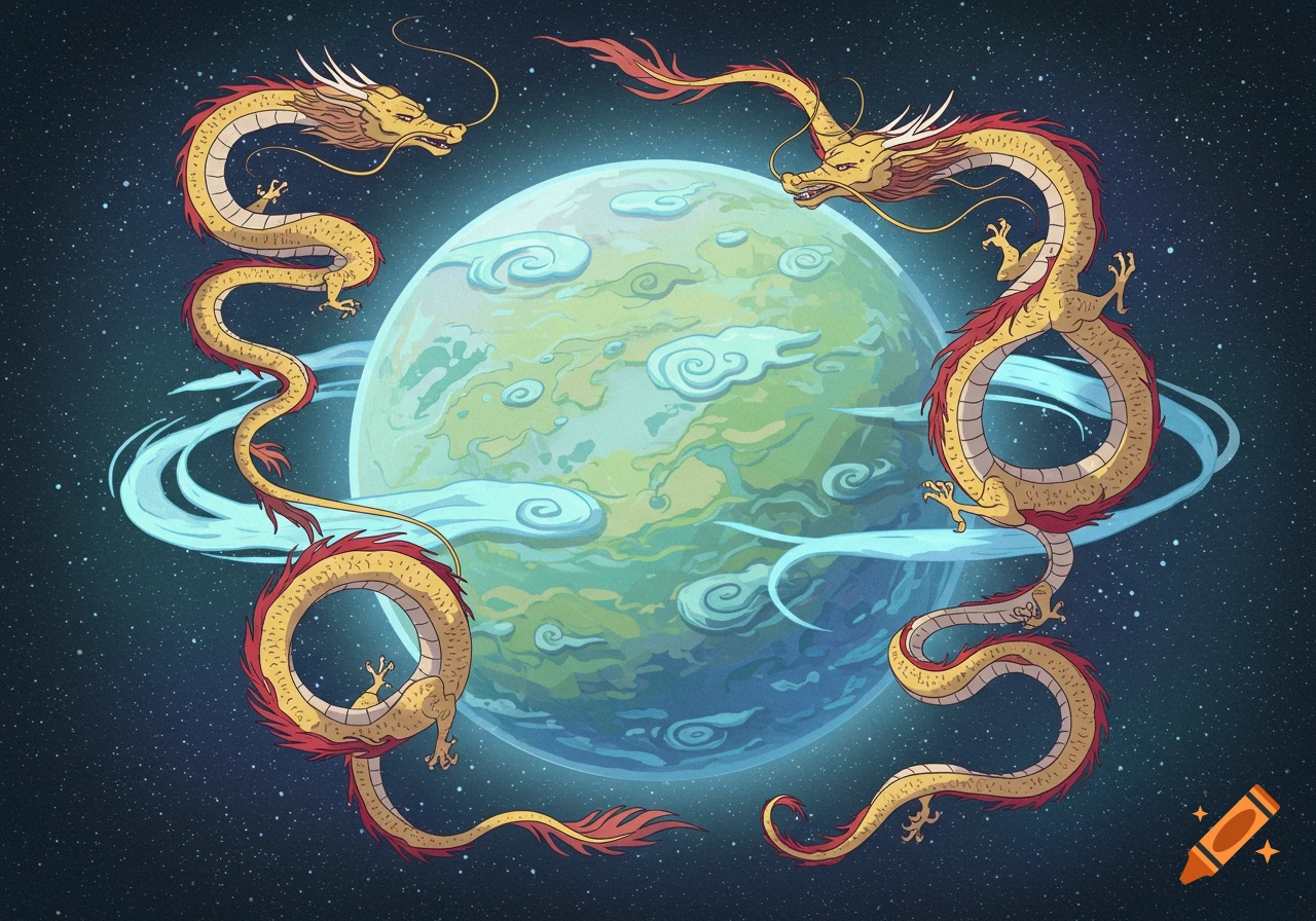 Two golden Chinese dragons with red accents swirl around a light blue and green cartoon planet with wispy clouds, set against a starry space background.