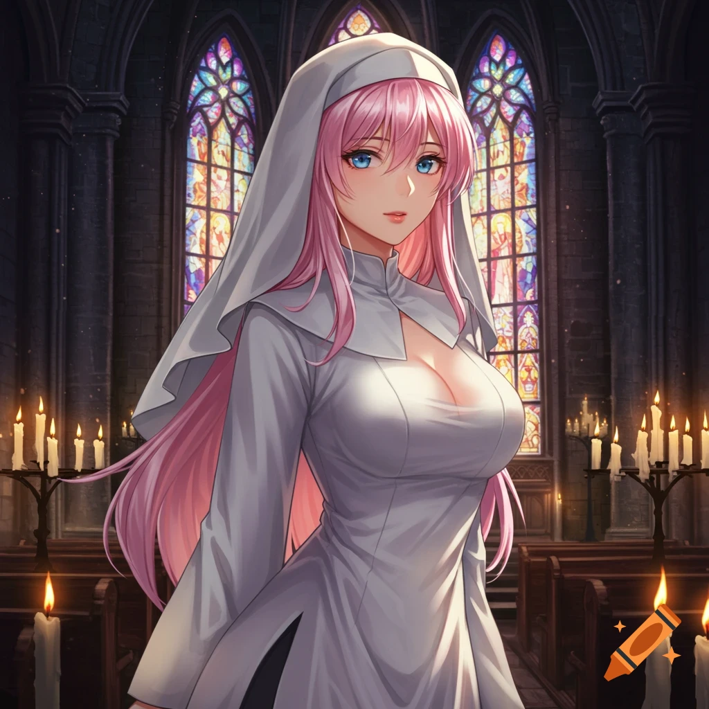 An anime nun with long pink hair and blue eyes looks forward in a candlelit church with stained glass windows.