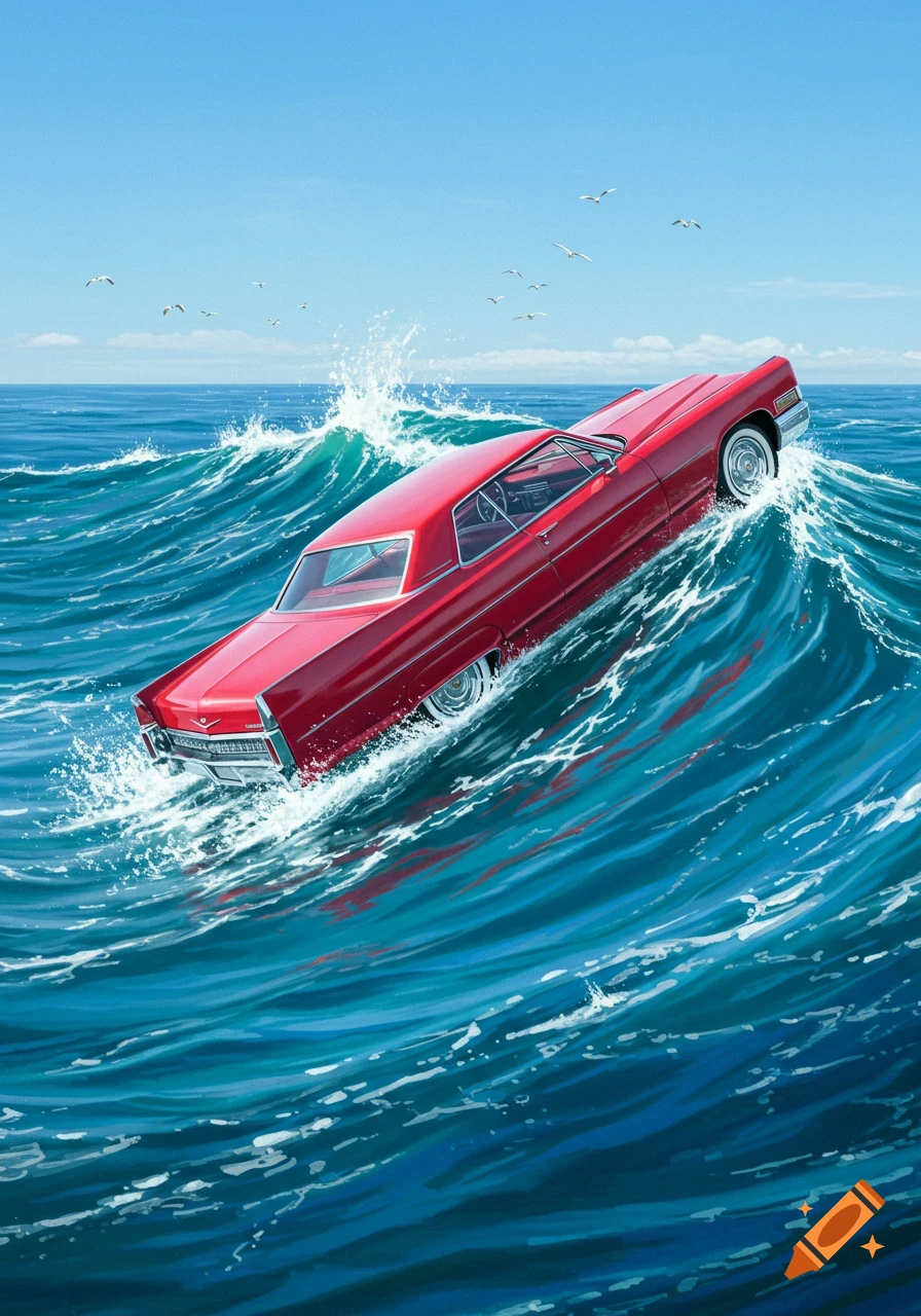 A red vintage car floats on large blue ocean waves under a clear sky with seagulls.