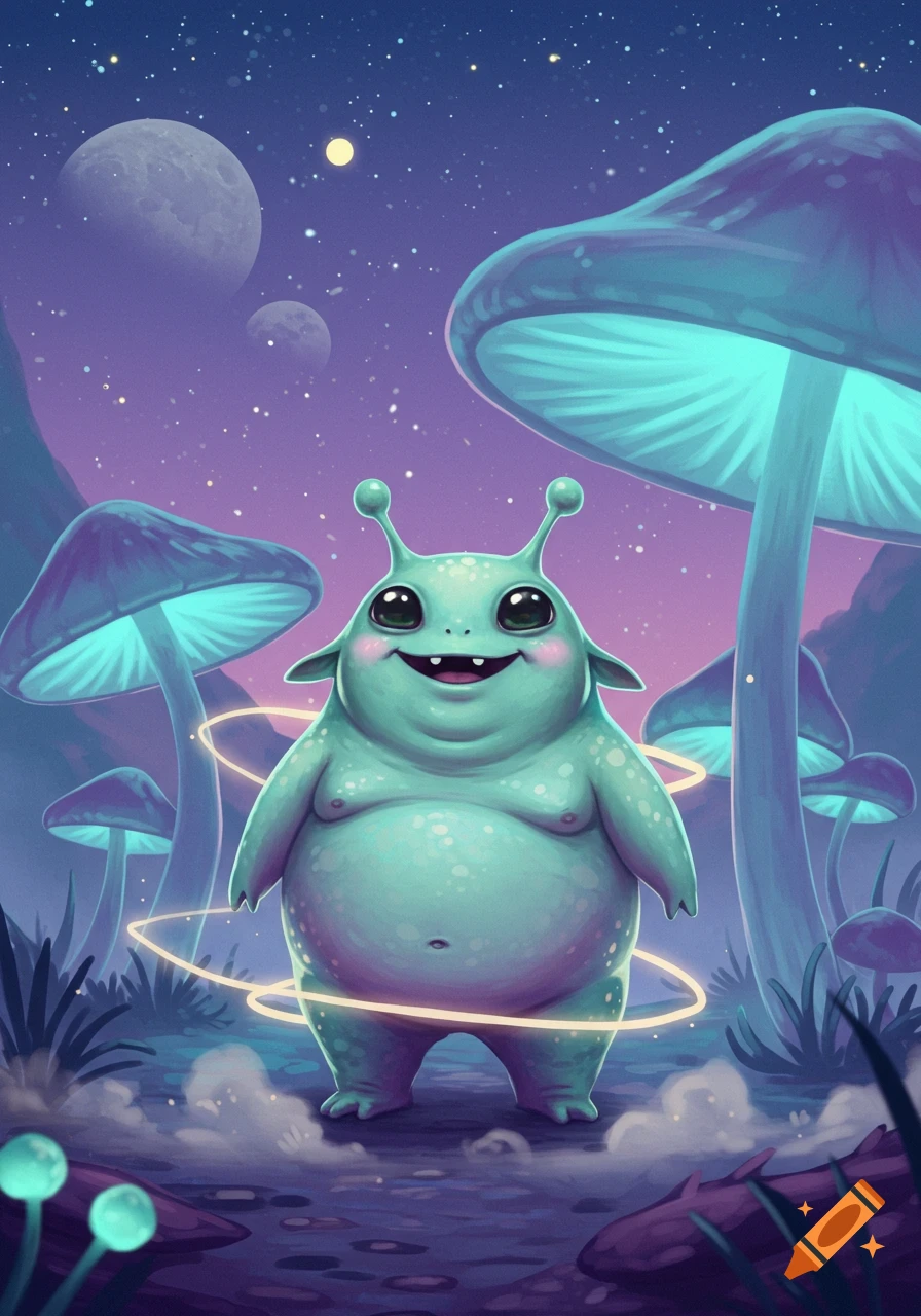 A cute, chubby, teal alien with large eyes and a happy expression stands in a luminous mushroom forest under a starry, purple sky with planets.