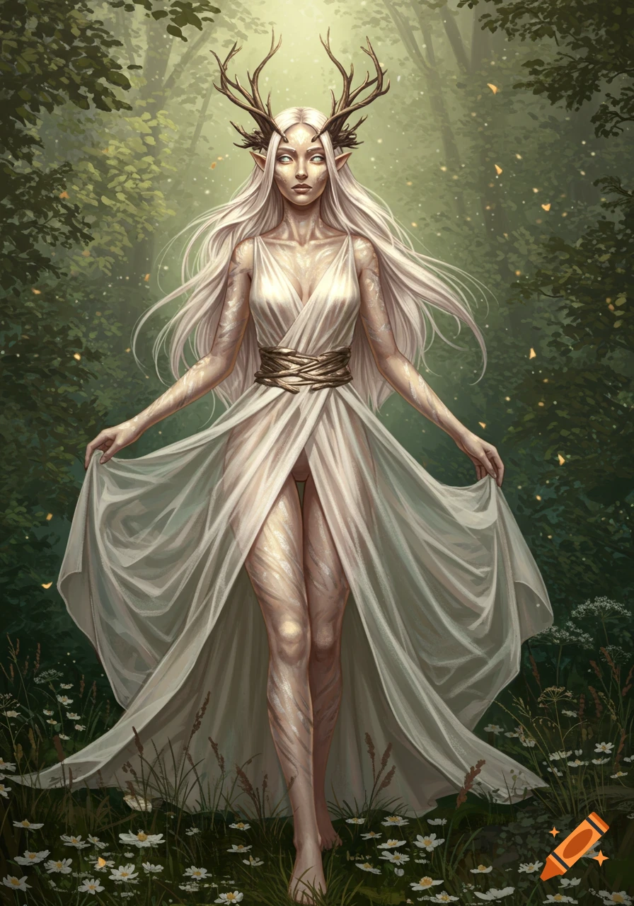 A fantasy goddess with long white hair and antlers stands in a sunlit forest, wearing a flowing white gown.