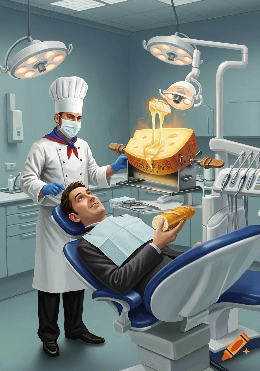A chef in a dental office melts a raclette cheese wheel over a man in a dentist chair, who holds a baguette.