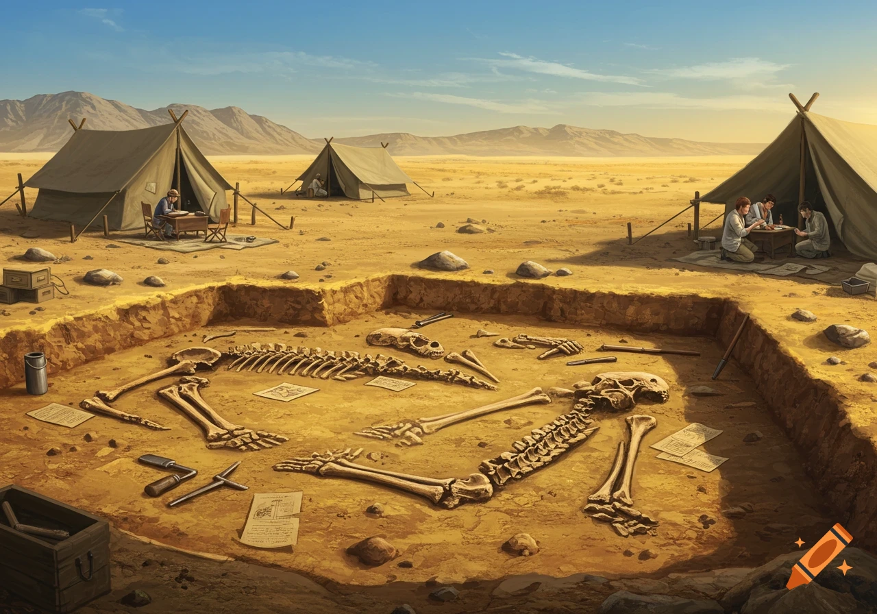 An archaeological desert dig site with excavated human skeletons in a pit, tents, and researchers working.