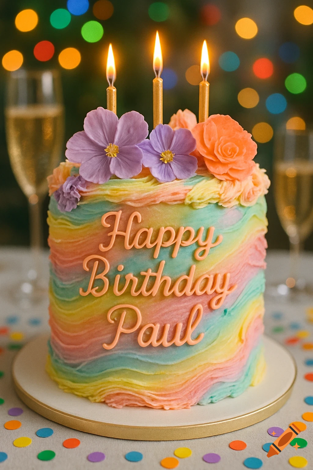 A vibrant rainbow swirl birthday cake with 'Happy Birthday Paul' in coral text, topped with flowers and lit candles, on a table with confetti.