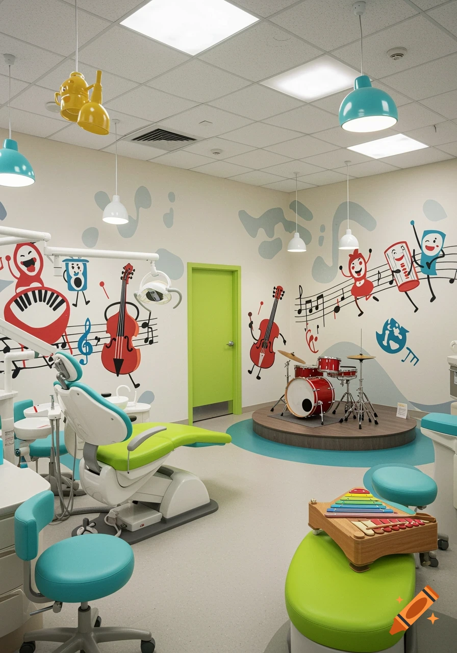 A brightly colored pediatric dental office decorated like a music studio, featuring a dental chair, drum set, and cartoon musical instruments.