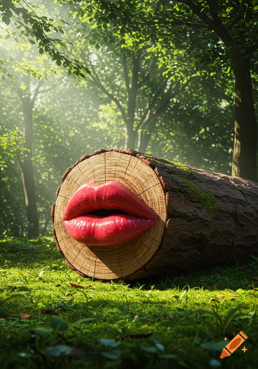 A surreal image of a tree log with large, glossy red lips on its cut end, lying on mossy grass in a sun-dappled forest.