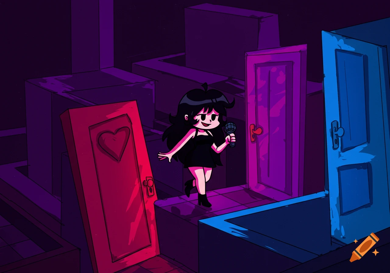 Cartoon girl from Friday Night Funkin' in a black dress, holding a microphone, walking through a dark, purple-hued room with various colored doors.