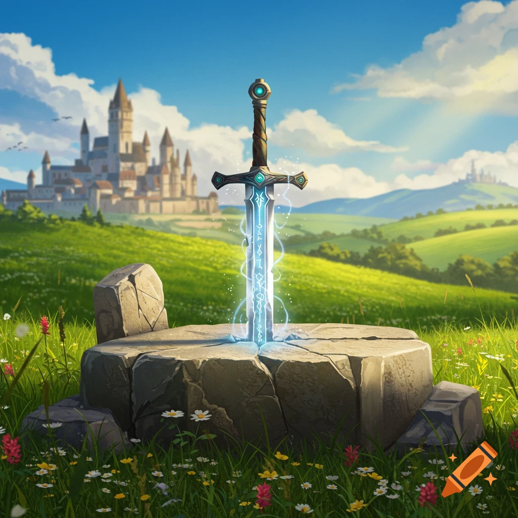 A glowing, magical sword plunged into a stone pedestal in a lush green field with a medieval castle in the background under a blue sky.