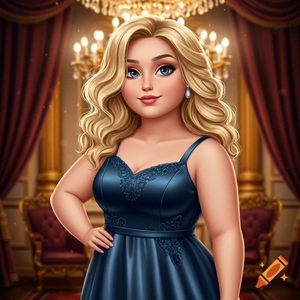 A cartoon blonde woman in a dark blue dress stands with her hand on her hip in an elegant room with a chandelier.