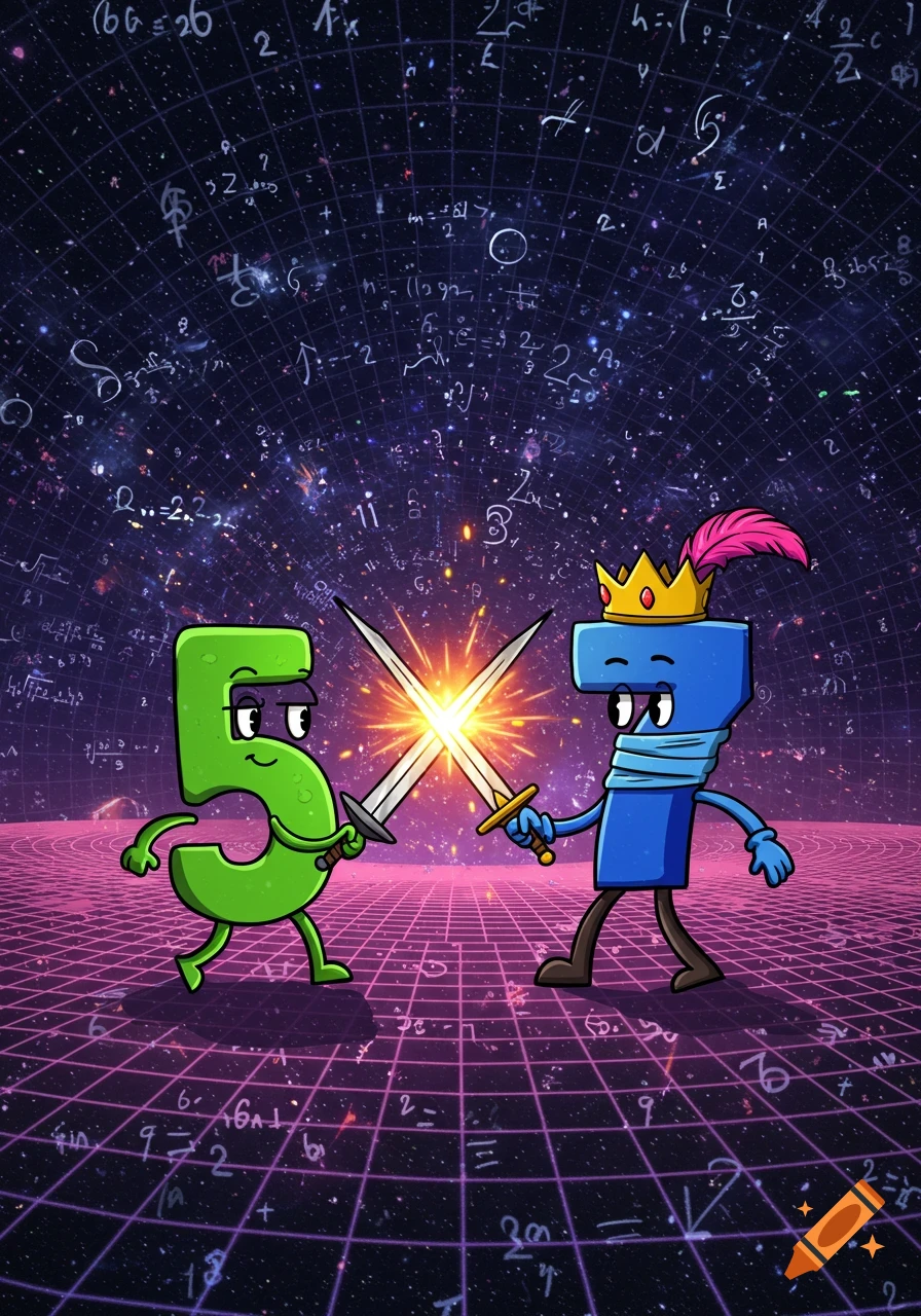 A green number five and a blue number seven, cartoon characters with swords, duel in a vibrant space background with mathematical equations.