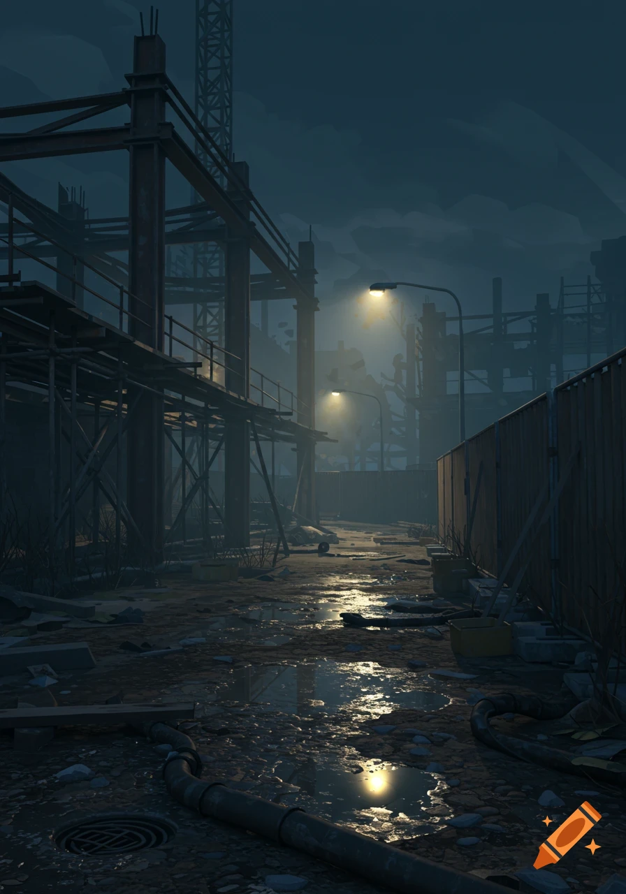 A dark, atmospheric construction site at night with glowing streetlights, muddy ground, puddles, and debris, in a weirdcore art style.
