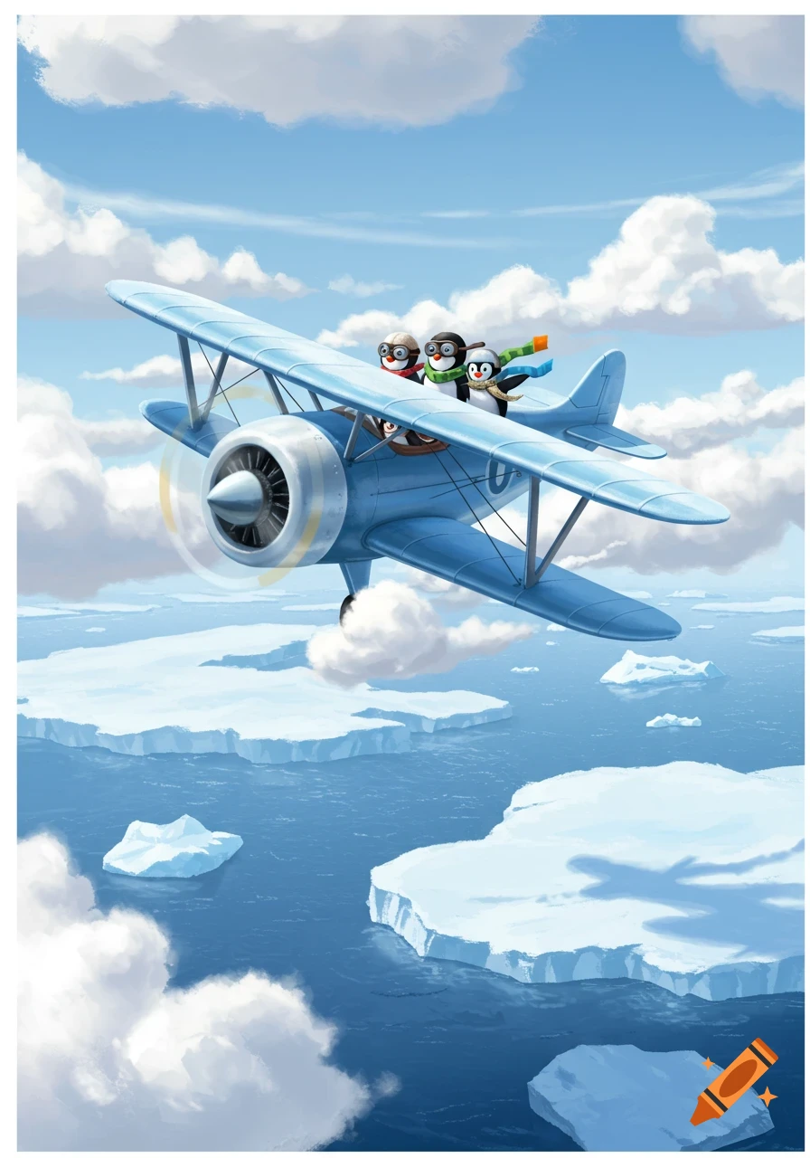 Cartoon penguins fly a blue biplane over an icy ocean with large ice floes and fluffy white clouds in a bright blue sky.