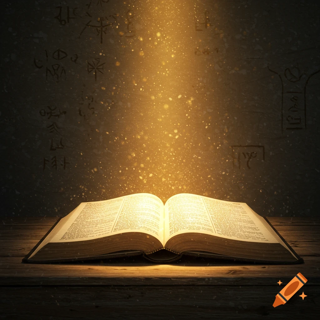 An open book glowing with golden light on a wooden table, against a dark wall with ancient symbols.