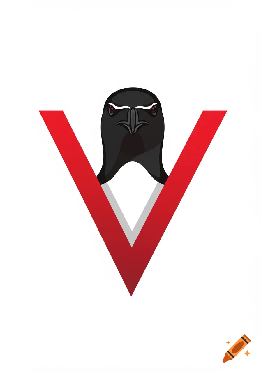 A stylized black razorbill bird head forms a red 'V' shape against a white background.