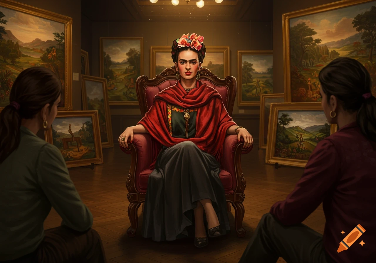 Frida Kahlo-like woman in red shawl sits regally in an art gallery, observed by two people, surrounded by paintings.
