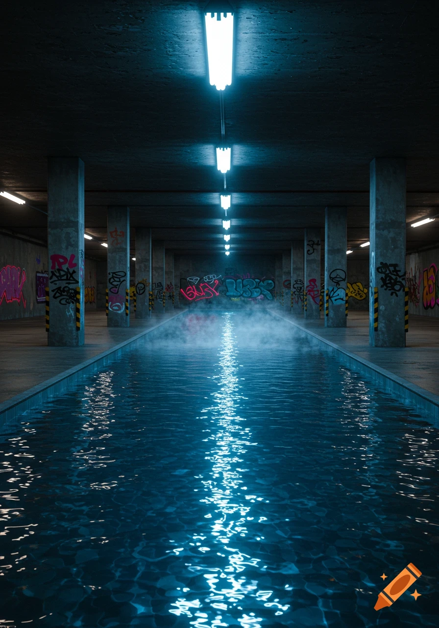 Dark, atmospheric image of a parking garage with a long pool of water reflecting neon lights, and graffiti covering concrete pillars and walls.
