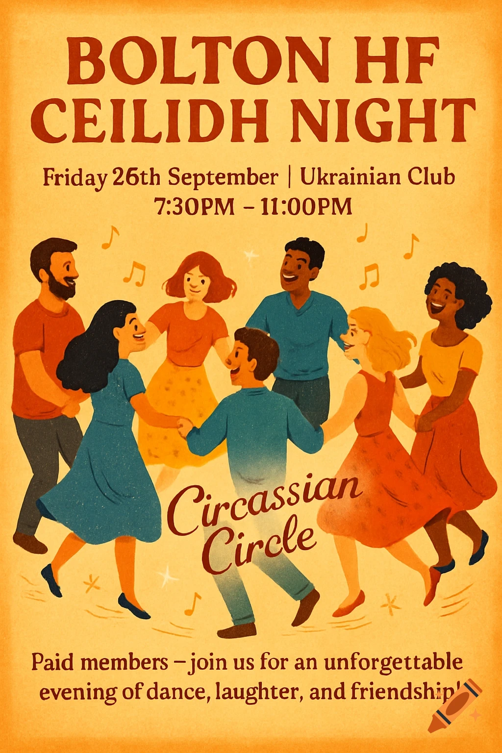 Vibrant poster illustrating a group of diverse people dancing in a Circassian Circle at the Bolton HF Ceilidh Night, with event details.