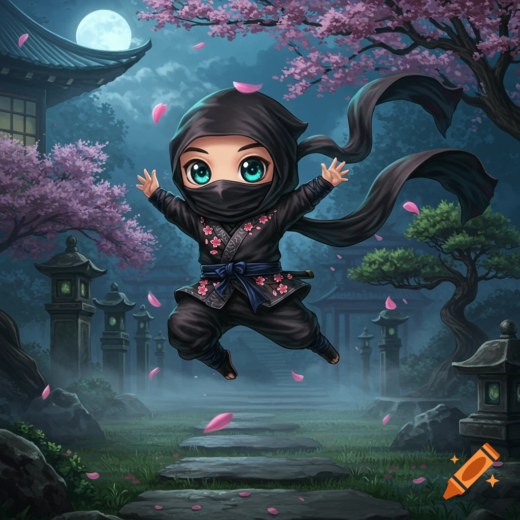 A cute chibi ninja in a black outfit with pink cherry blossom details jumps in a moonlit Japanese garden.