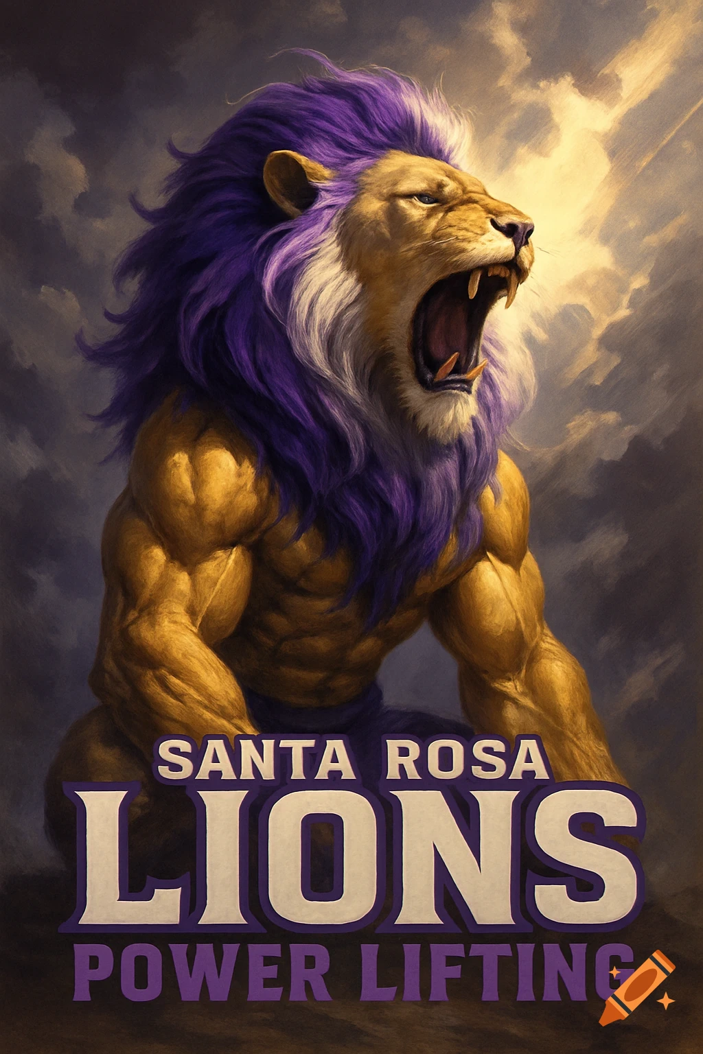 Muscular golden lion with a purple and white mane roaring, with text 'SANTA ROSA LIONS POWER LIFTING'. Digital painting.