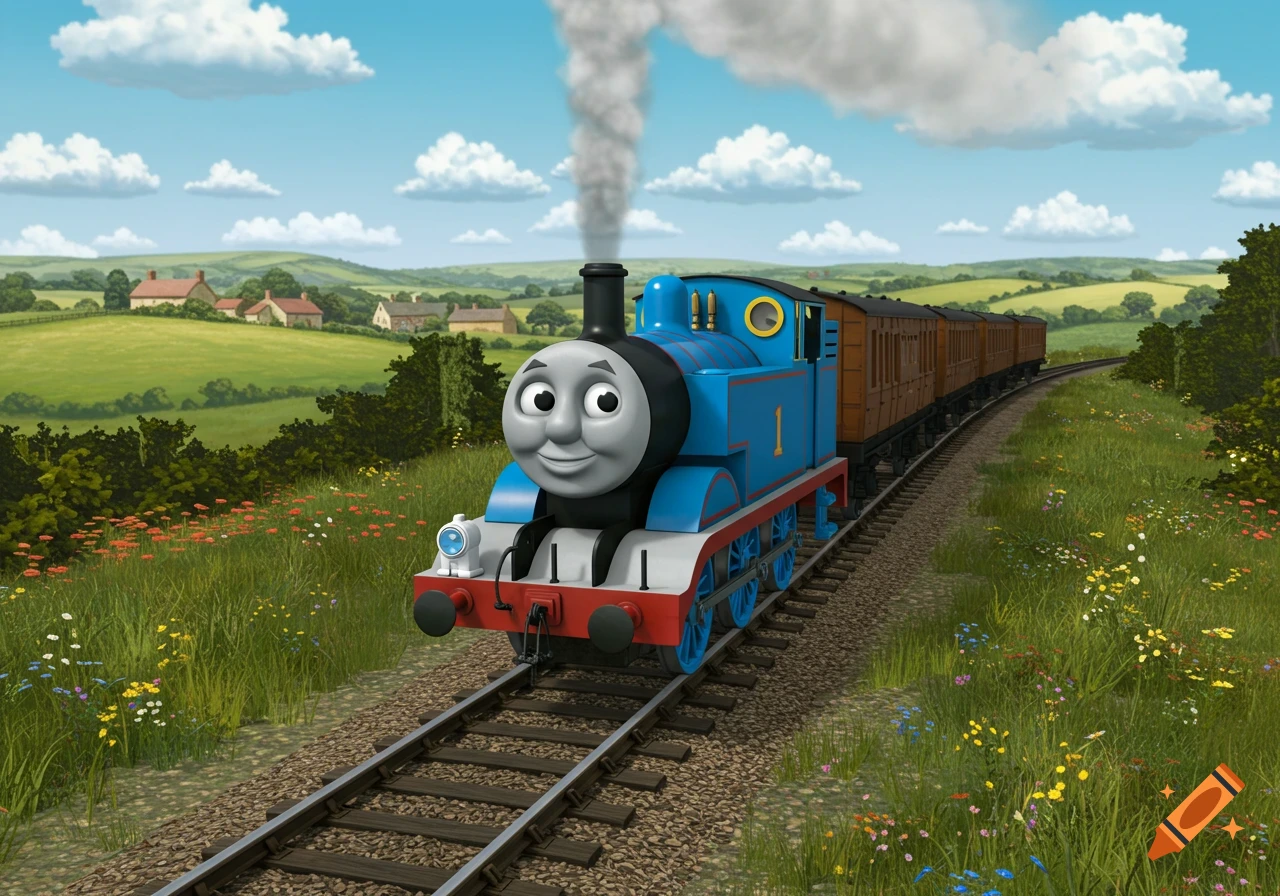 Thomas the Tank Engine smiles as he pulls brown carriages through a green, flowery rural landscape under a blue sky with clouds.